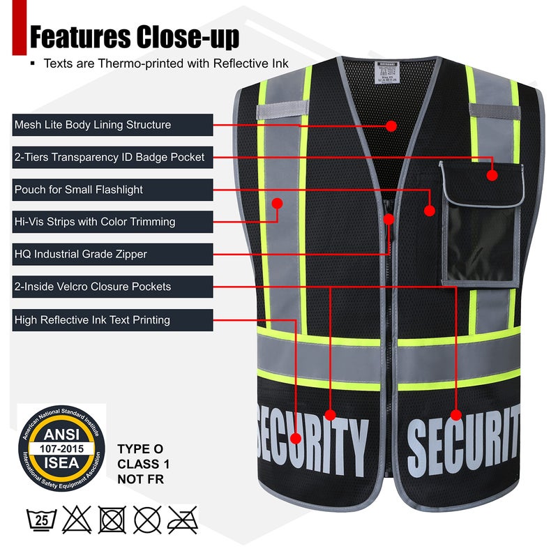 HATAUNKI 2 Pack Retro-Reflection Security Safety Vests Heavy Duty Black Mesh with 5 Pockets and Front Zipper Meet ANSI/ISEA 107-2015 (2/Black-22,3XL) - Image 3